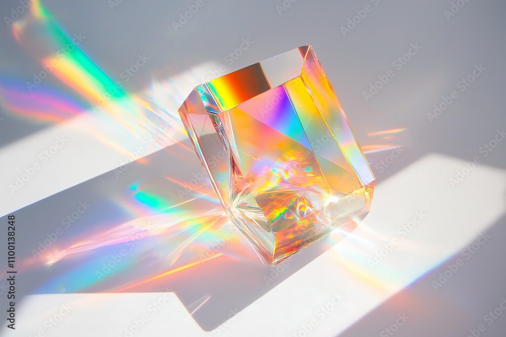 Poster Rainbow refracted through a prism on a simple white surface.
