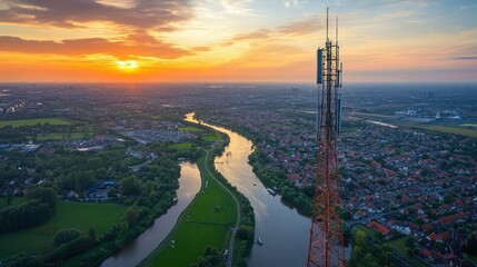 Obraz premium Aerial view of a cell tower at sunset over a city and river.