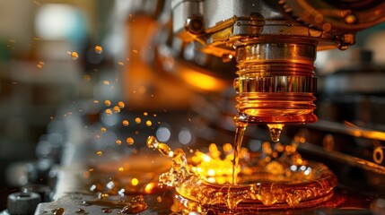 Close-up of oil being dispensed, showcasing fluid dynamics and industrial machinery.