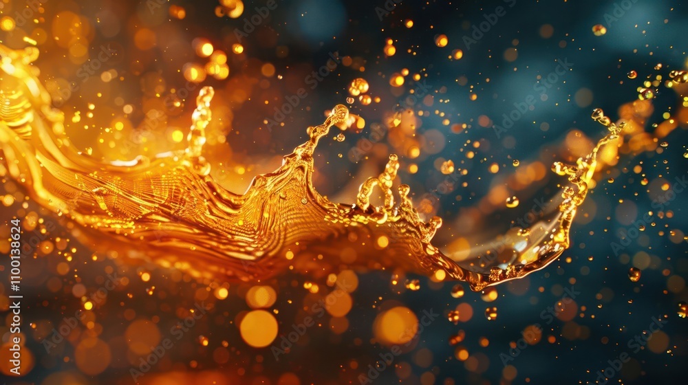 Poster a dynamic splash of golden liquid, capturing motion and light in an artistic composition.