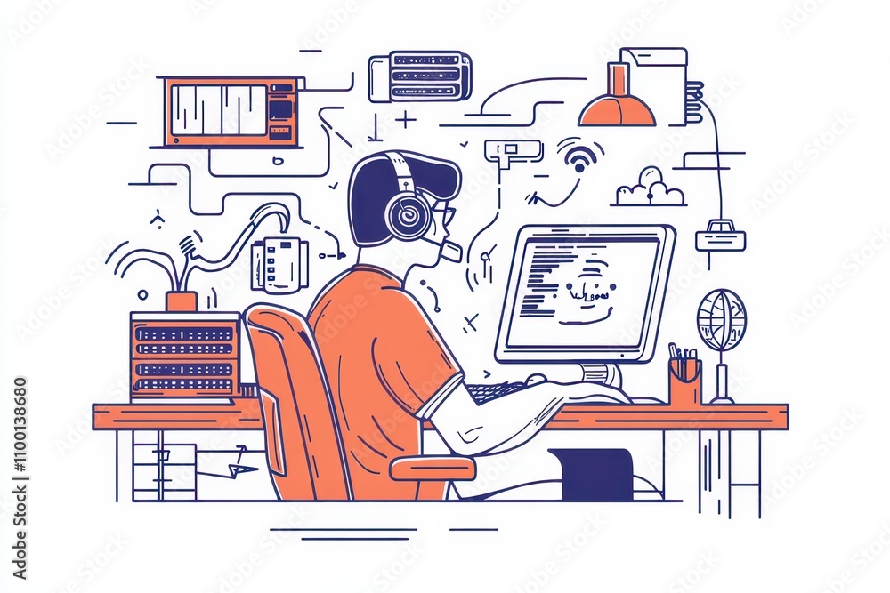 Aufkleber a person is working at a desk with a computer, wearing headphones, surrounded by various electronic 