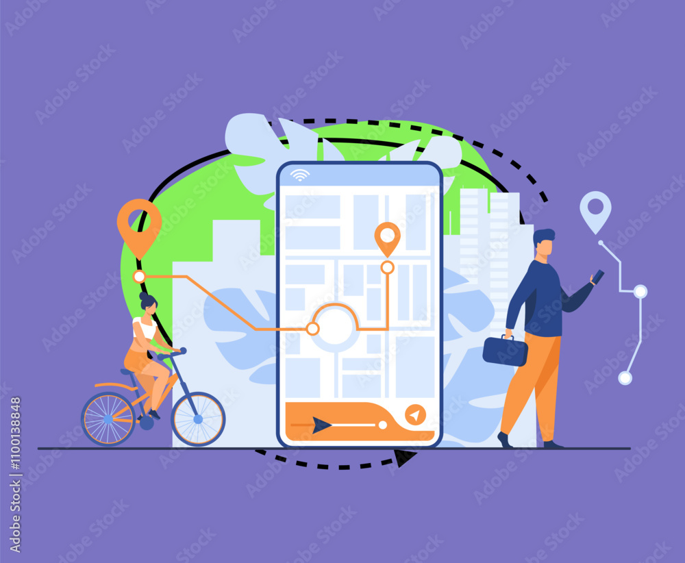 Poster tiny people using mobile application with map outdoors isolated flat vector illustration. cartoon ph