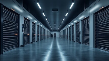 Fototapeta premium A sleek industrial self-storage space with black doors and white walls, mid-range perspective showing the symmetry of the hallway, bright LED ceiling lights illuminating each unit, high ceilings