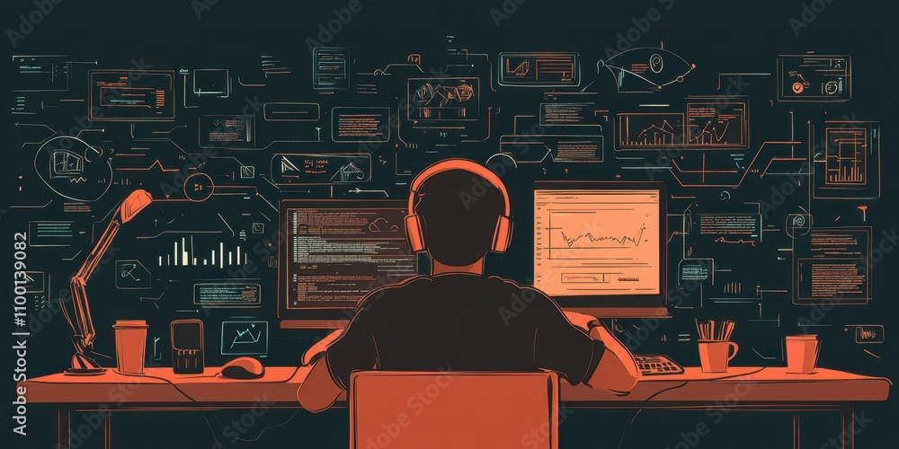 Poster A person sits at a desk wearing headphones, focused on multiple screens displaying data and graphics in a tech-driven environment.