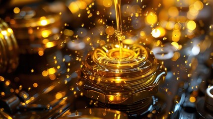 Obraz premium Close-up of a golden liquid being poured, surrounded by shimmering particles.