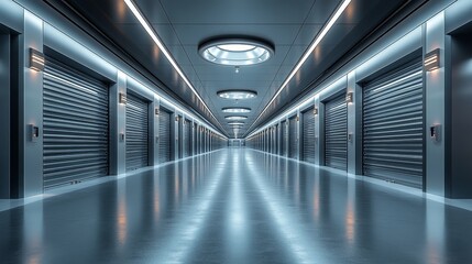 Fototapeta premium A futuristic self storage facility with silver and black tones, a close-up of a long corridor with automatic roll-up doors, bright strip lighting on the ceiling, high-tech shelving units along the