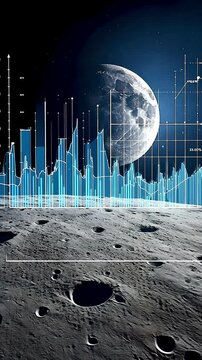Exploring futuristic data visualization on a unknown planet landscape with a shining moon.