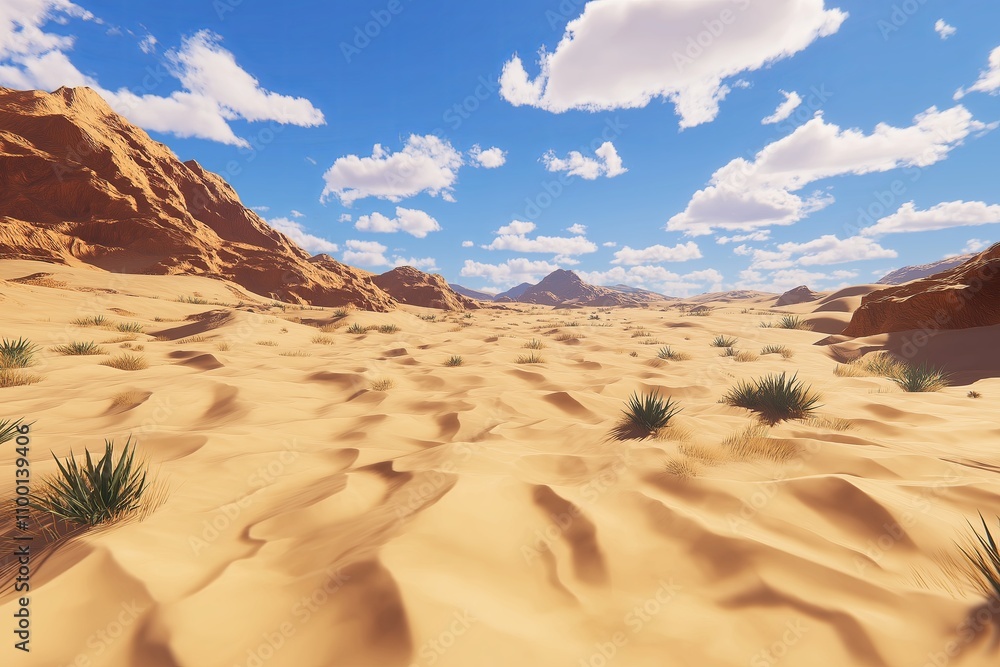 Poster wind-swept dunes in a golden desert with rippled sand patterns.