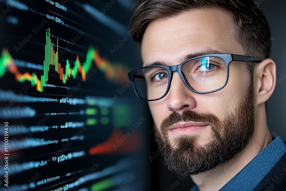 Poster a digital marketer analyzing data on a large screen, their face illuminated by glowing charts and gr