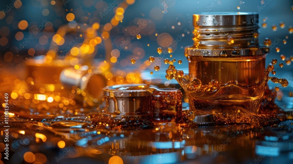Poster a close-up of jars splashing in liquid, creating dynamic bokeh effects.