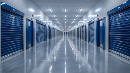 Fototapeta premium A sleek self storage facility with navy blue doors and smooth white walls, close-up view of the corridor with bright LED lighting and polished concrete floors, spacious parking nearby for trucks and