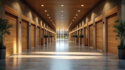 Fototapeta premium A contemporary self storage complex with pastel-colored doors and cream walls, distant view of a long, well-lit corridor, adjacent compact parking spaces, wooden cabinets along the walls for smaller