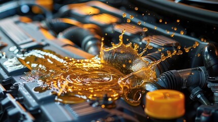 Engine oil splashing on a car engine, showcasing mechanical function and maintenance.