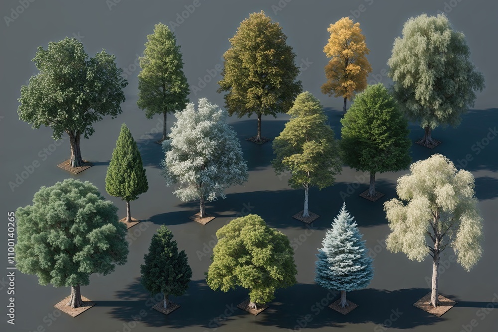Aufkleber 3d visualization of various trees from above for digital illustrations, conceptual architecture, and