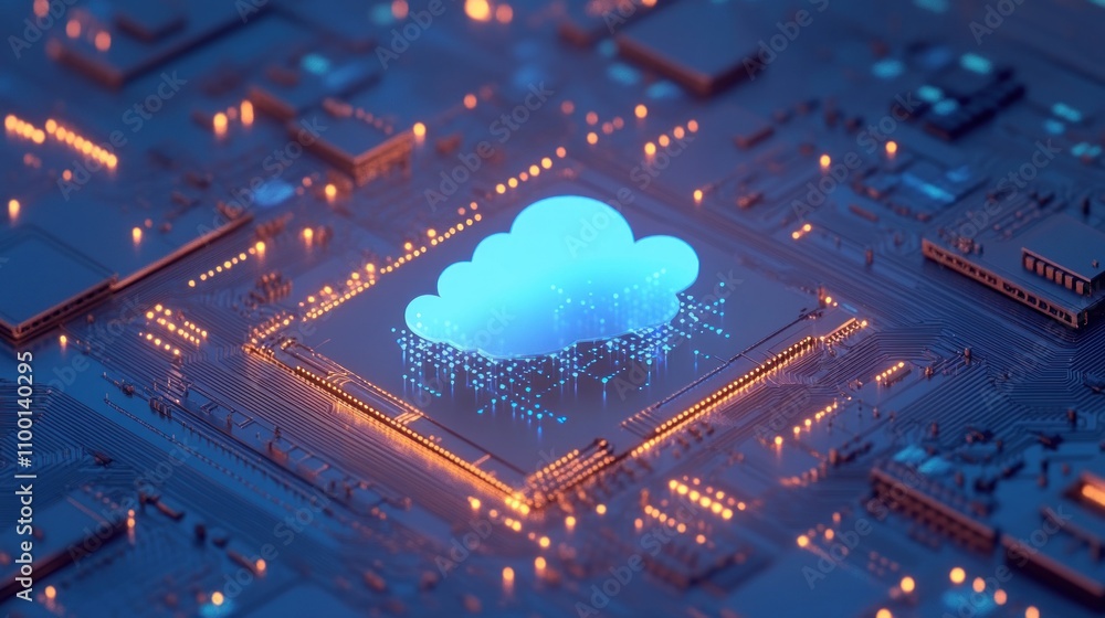 Poster glowing blue cloud computing symbol on a circuit board.