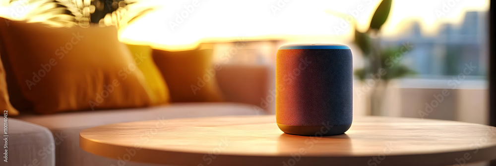 Aufkleber smart speaker with voice commands in a modern living room, seamlessly blending technology with comfo