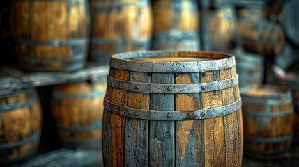 Fototapeta premium A collection of wooden barrels stacked in a rustic setting, showcasing craftsmanship.