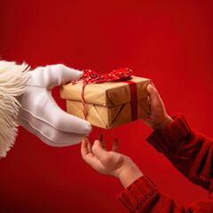 Close-up of Santa's hands giving a gift
to a child's hands, on a red background