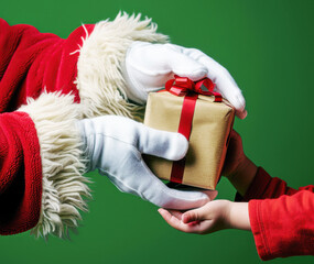 Close-up of Santa's hands giving a gift to a child's hands, on a green  background