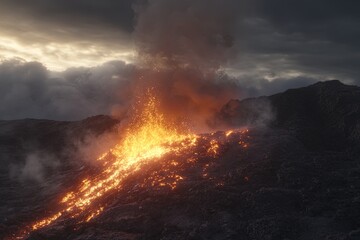 Fototapeta premium Erupting volcano spews lava and ash against a dramatic sky during twilight hours