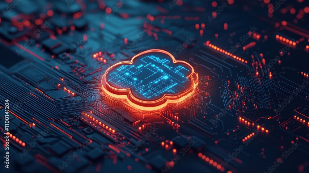Poster glowing cloud computing symbol on a circuit board.