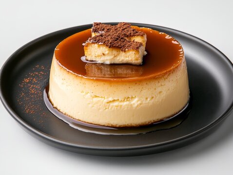 A round black plate with a Mexican choco flan dessert, with layers of creamy chocolate flan and a smooth caramel topping dessert, Photorealistic