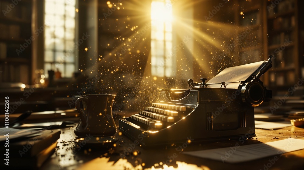 Poster old printing machine and Sunlight Through Window