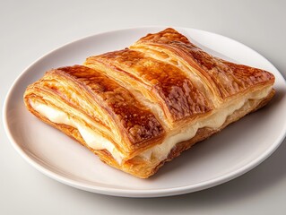 A white ceramic plate holding a Danish wienerbrod dessert, flaky pastry with layers of butter and a rich almond paste filling dessert, Photorealistic