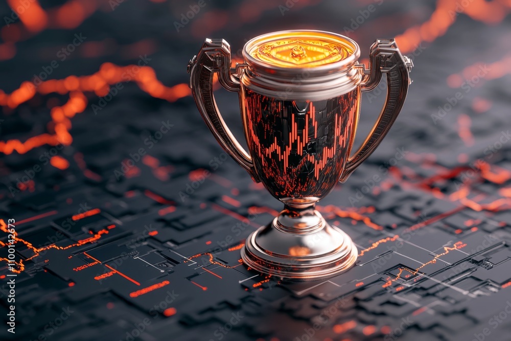 Poster A dynamic digital illustration of a futuristic trophy surrounded by animated stock market graphs in a vibrant 3D scene