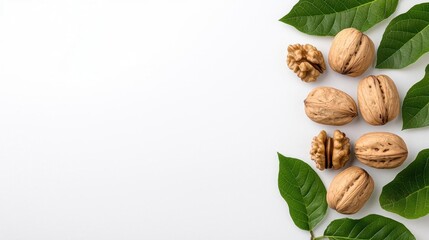A photostock of walnuts in their shells and neatly cracked, spread on a white background, ideal for promoting healthy snacks or baking ingredients. High Quality