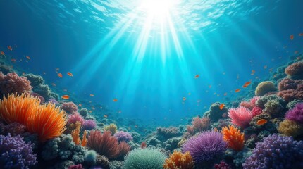 Obraz premium Vibrant Underwater Coral Reef with Sunbeams