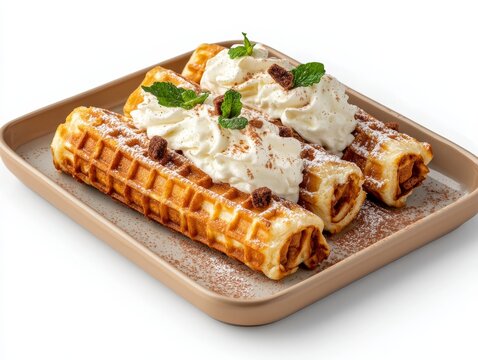 A rectangular plate with a Norwegian krumkake dessert, a delicate, rolled waffle filled with whipped cream, dusted with powdered sugar dessert, Photorealistic