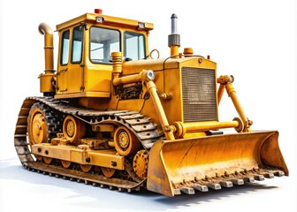 Obraz premium This vintage-inspired image highlights a detailed bulldozer equipped with a rotary tiller, set against a clean white backdrop for landscaping projects and equipment exhibits.