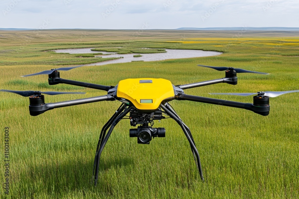 Aufkleber A drone inspecting power lines in a remote area, with live data streaming back to a control center