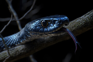 Fototapeta premium A blue snake, slithering on a tree branch, its tongue protruding from its mouth, Generative AI