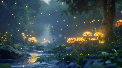 Magical Fantasy Forest with Glowing Mushrooms & Butterflies in 4K, mystical, ethereal light. book covers, poster, vibrant colors