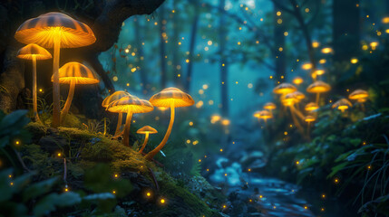 Magical Fantasy Forest with Glowing Mushrooms & Butterflies in 4K, mystical, ethereal light. book covers, poster, vibrant colors