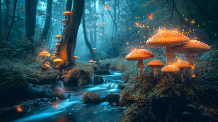 Magical Fantasy Forest with Glowing Mushrooms & Butterflies in 4K, mystical, ethereal light. book covers, poster, vibrant colors