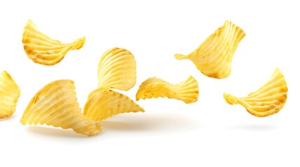 Naklejka premium A collection of floating potato chips showcasing their crispy texture and wavy shape.