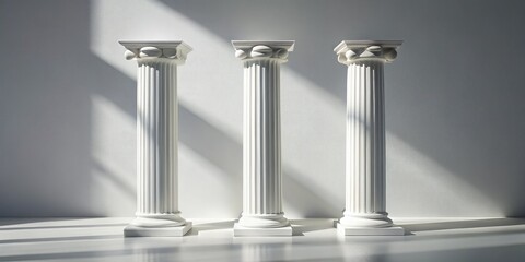 Three white pillars emerge from a soft surface, casting playful shadows in gentle light, creating a serene, minimalist scene that evokes a tranquil, dreamlike ambiance.