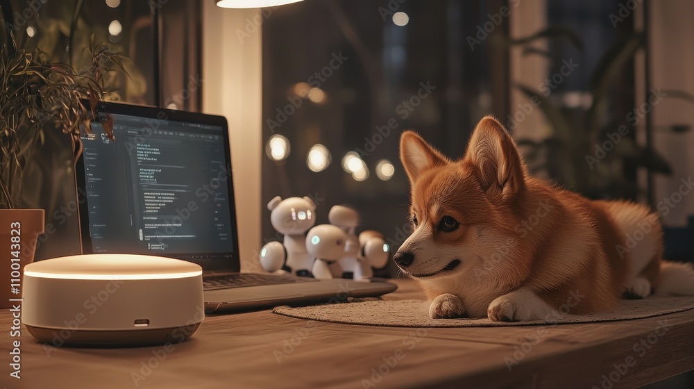 Aufkleber a cozy scene featuring a corgi relaxing next to a laptop and smart home device, illuminated by warm 