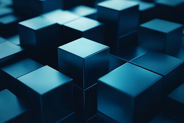 Obraz premium A blue abstract digital composition with floating data blocks and highlights, set against a dark background with shades of blue and teal, creating a futuristic, innovative