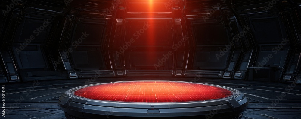 Poster a futuristic, dimly lit room with a circular platform illuminated by a red light, creating an intrig