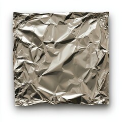 A shiny crumpled foil food wrapper, twisted into irregular shapes with reflective highlights, isolated on a clean white backdrop, Photorealistic