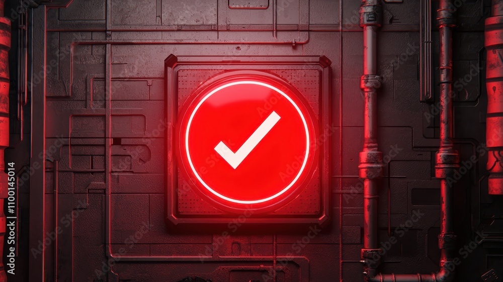 Poster a glowing red circular icon with a checkmark, set against a dark, textured background with pipes, su