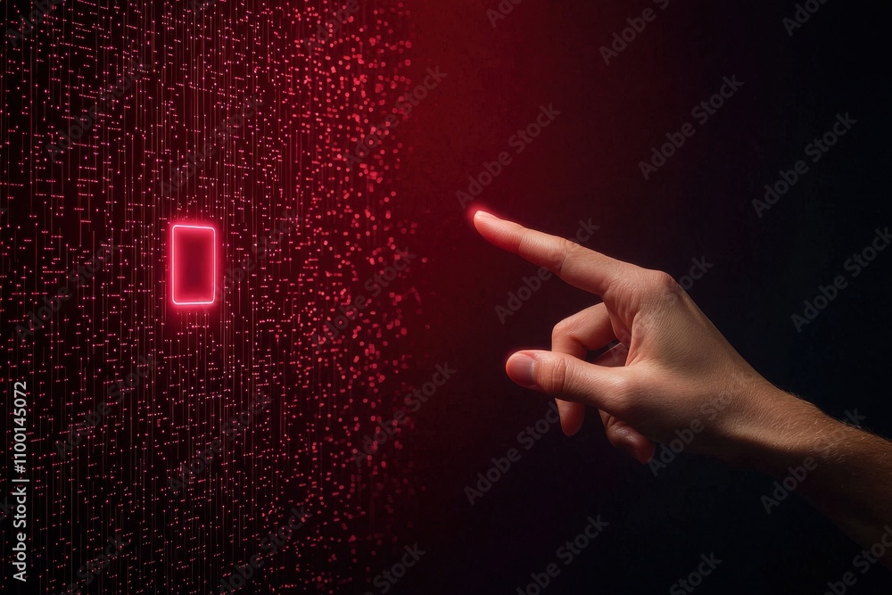 Poster a hand reaches towards a glowing red square, surrounded by digital particles, symbolizing interactio