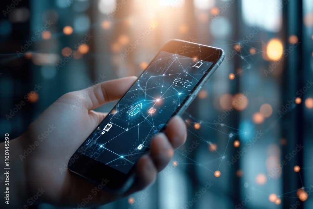 Poster hand holding smartphone displaying digital security network.