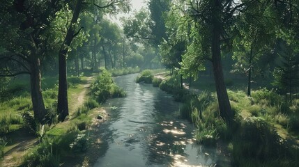 A serene forest scene featuring a winding river surrounded by lush greenery and sunlight.