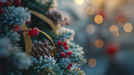 Frosty Christmas wreaths, with pinecones, berries, and festive ribbons, snowy accents, holiday designs close-up