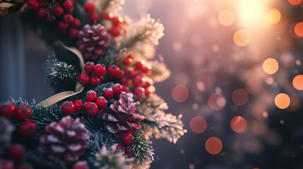 Frosty Christmas wreaths, with pinecones, berries, and festive ribbons, snowy accents, holiday designs close-up